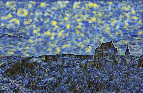 castle painted as starry night at ultra hd