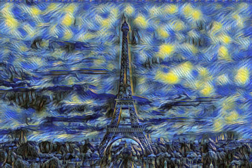 eiffel tower painted as starry night