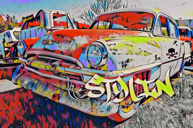 old car artwork with text blended